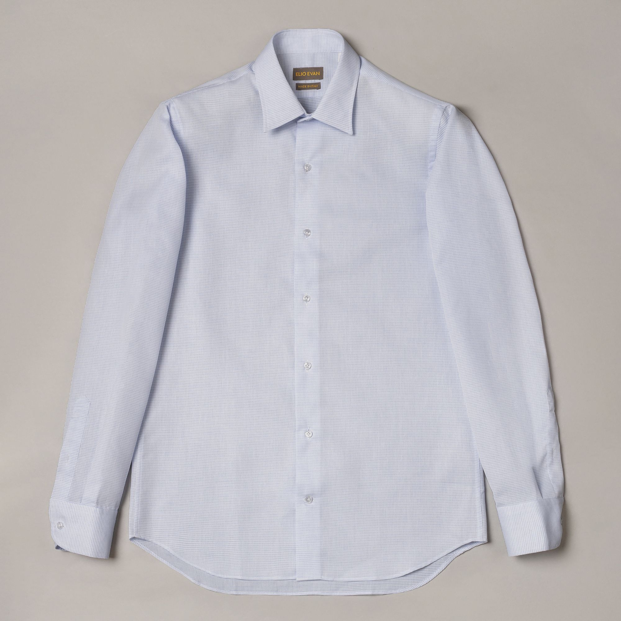 Sky Blue cotton shirt with jacquard micro-check and regular fit. Precise formal dressing in premium menswear by Elio Eva