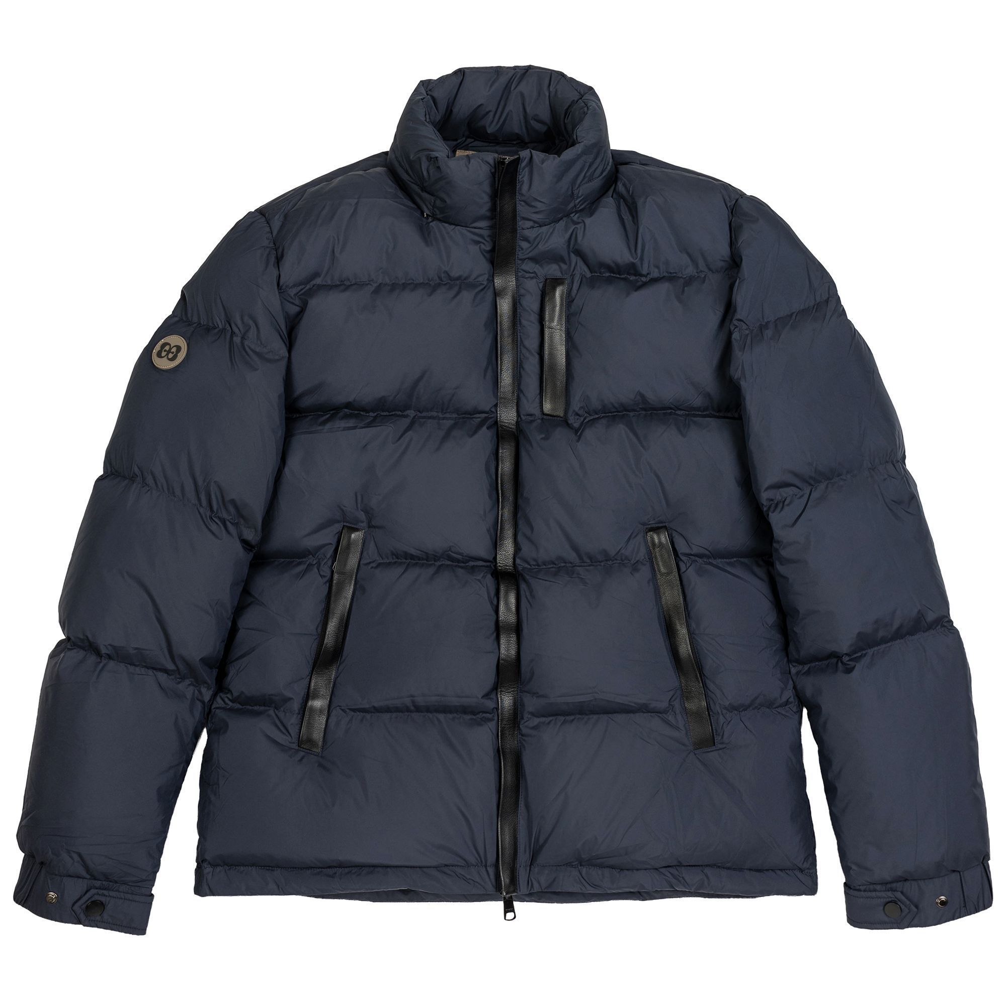 Ανδρικό navy puffer 90/10 με μαύρες δερμάτινες λεπτομέρειες και αδιάβροχο κέλυφος – Elio Evan Verbier.