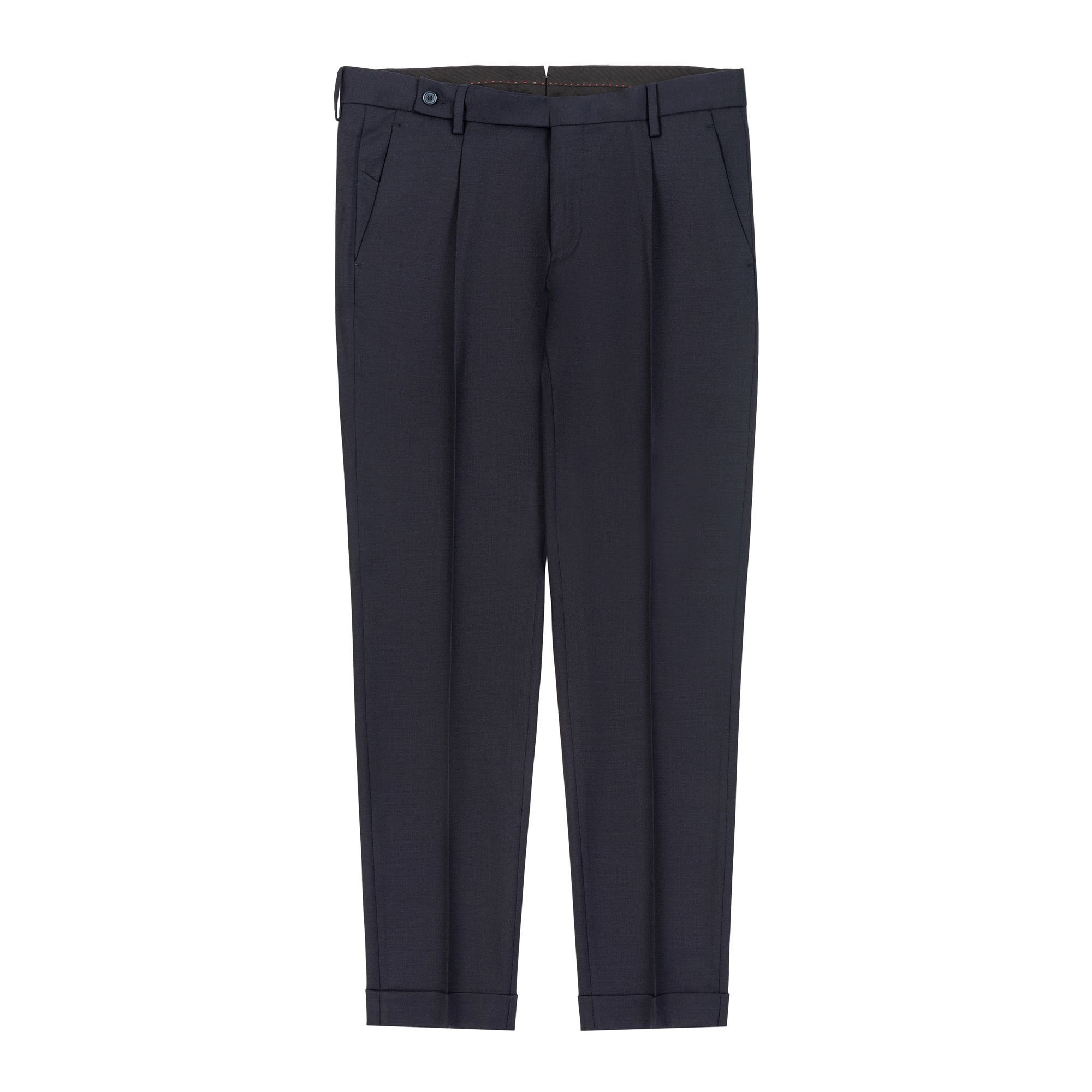 Elio Evan navy pleated pants crafted from elasticized virgin wool, featuring wrinkle-resistant fabric and tailored fit.