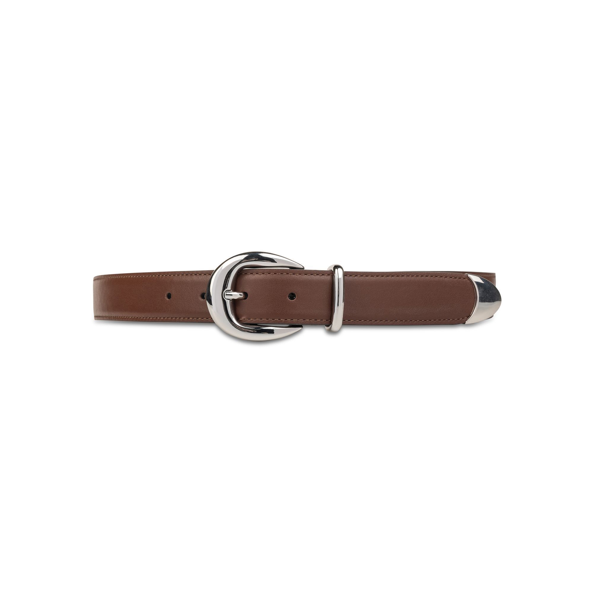 Cintura in pelle marrone Elio Evan con fibbia, passante e punta in metallo lucido. Ideale per look casual e formali