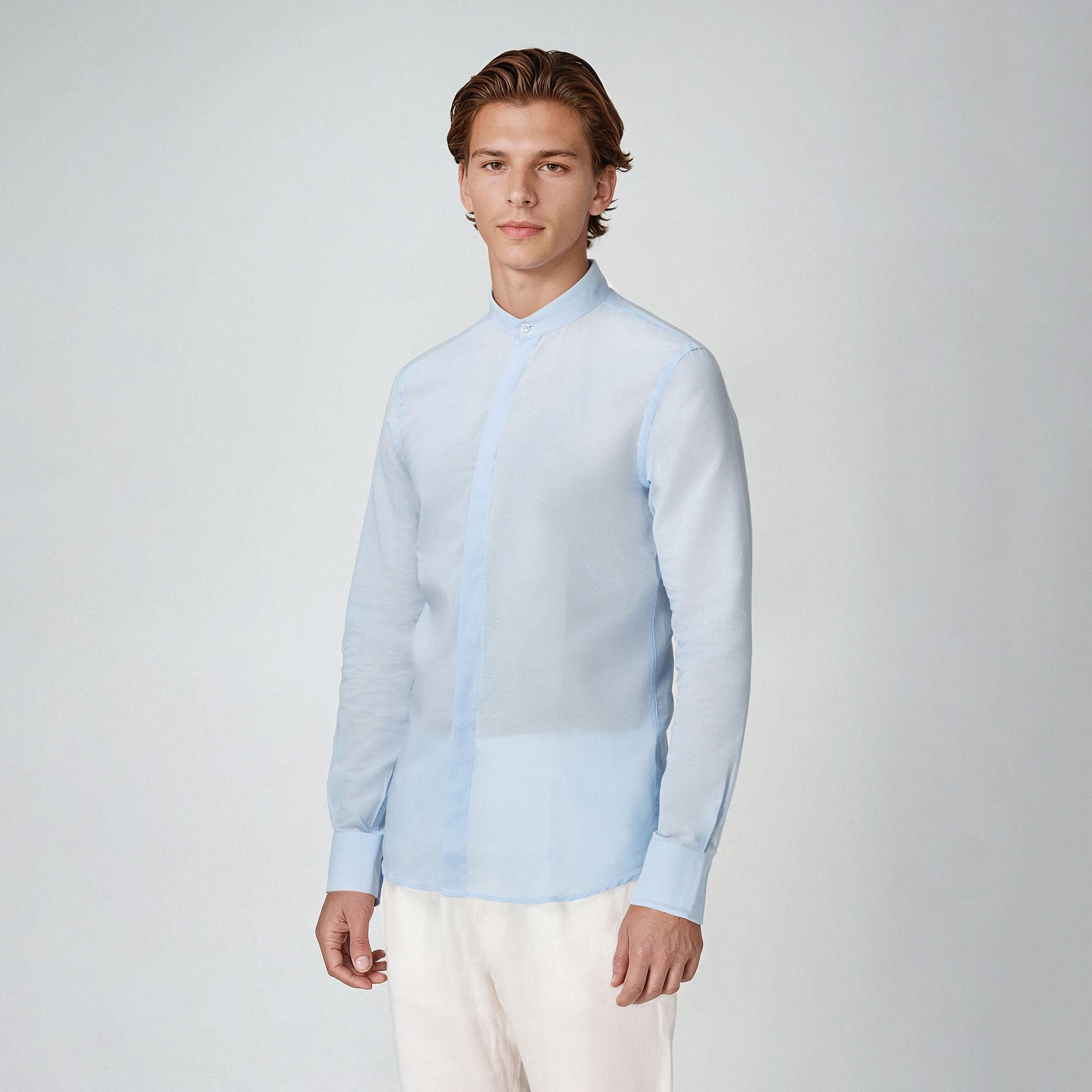 Γαλάζιο Πουκάμισο Με Γιακά Μάο Σε Λινό Και Βαμβακερό Βουάλ