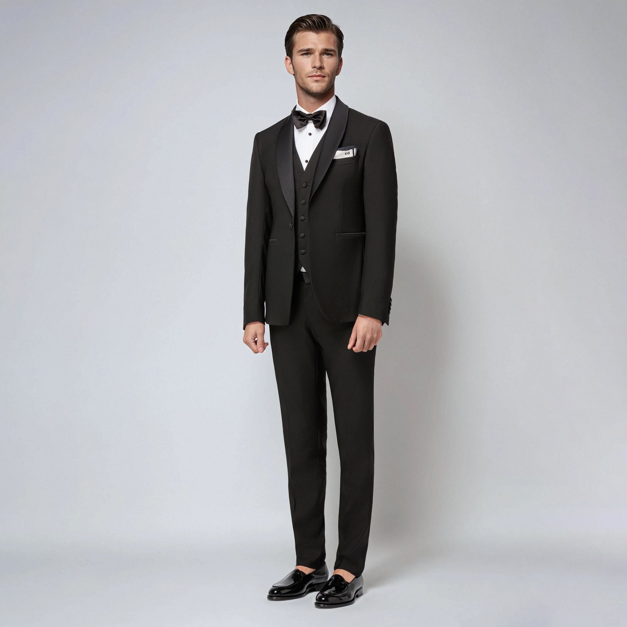 Ανδρικό total look με μαύρο σμόκιν τριών τεμαχίων και παπιγιόν από την Elio Evan